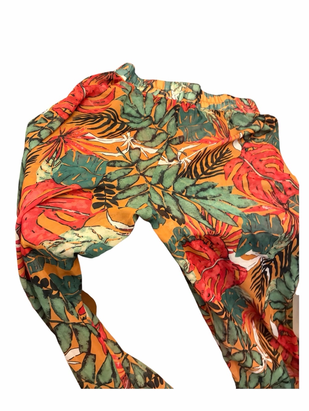 PrettyLittleThing Floral Print Orange Big Leaf Wide Leg Beach Pants Large